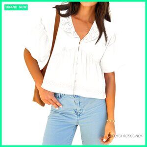 Cropped Babydoll Top Eyelet V-Neck Short Sleeve Blouse Loose Fit